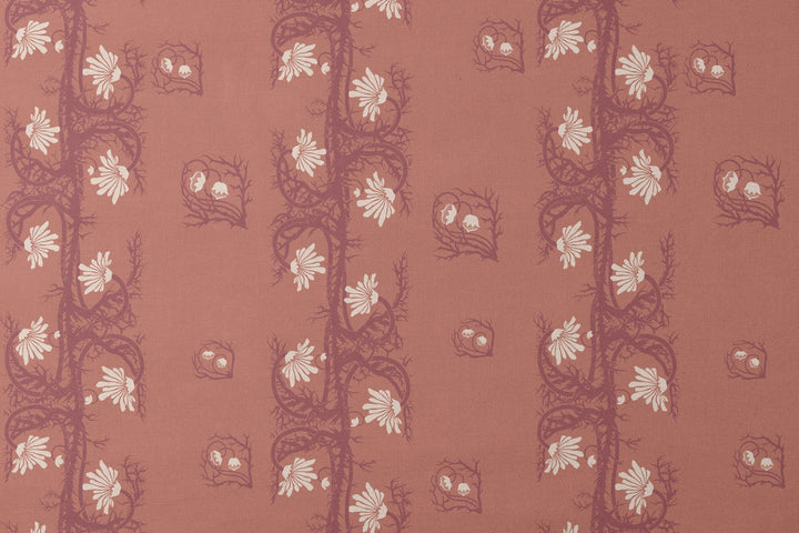 Marguerite in terracotta and pomegranate: spined, entwined stems forming vertical channels around massed daisy heads, translated from a c. 1904 Dutch linen damask finger towel by Cornelis van der Sluys. designs flat mockup