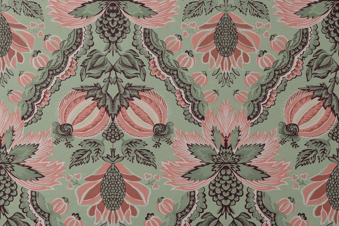Flowering Pomegranate in eucalyptus and terracotta: an ogee lattice of lace borders framing a blossom held between two swelling pomegranates, translated from an 18th-century French block-printed quilt. designs flat mockup