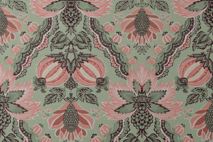 Flowering Pomegranate in eucalyptus and terracotta: an ogee lattice of lace borders framing a blossom held between two swelling pomegranates, translated from an 18th-century French block-printed quilt. designs flat mockup