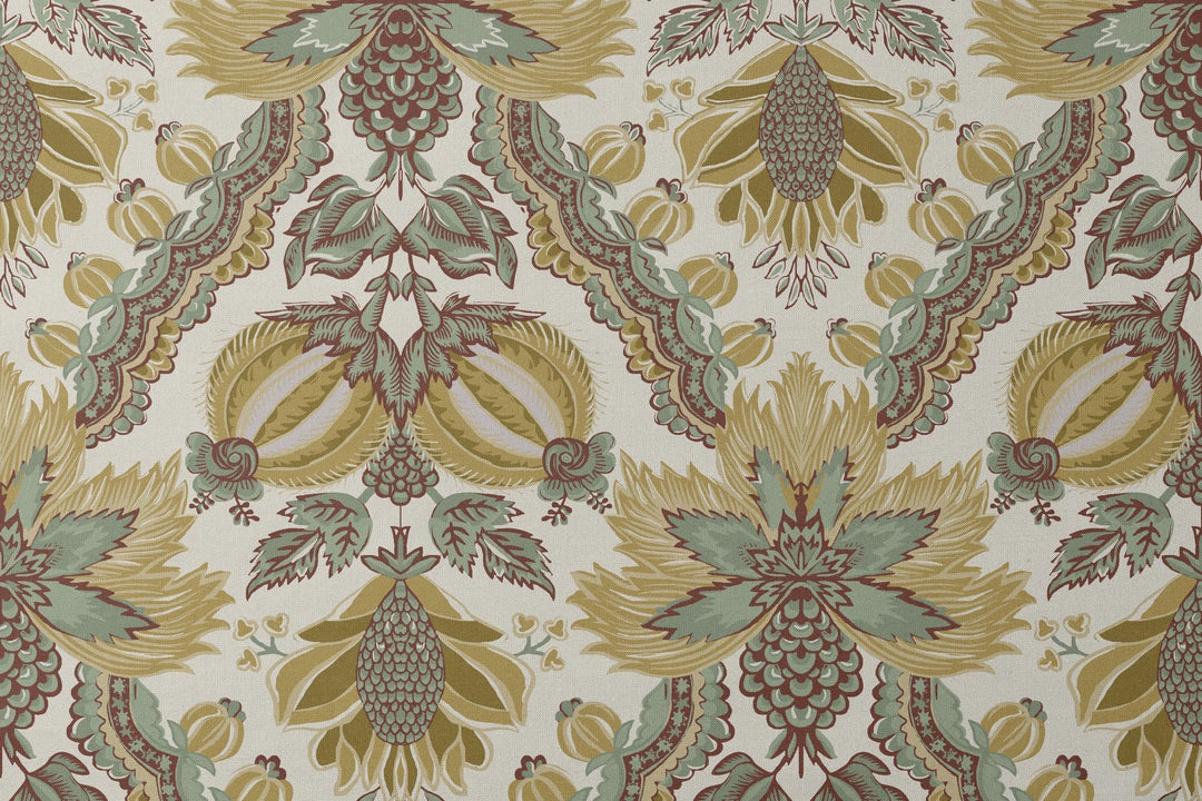 Flowering Pomegranate in linen and honey: an ogee lattice of lace borders framing a blossom held between two swelling pomegranates, translated from an 18th-century French block-printed quilt. designs flat mockup
