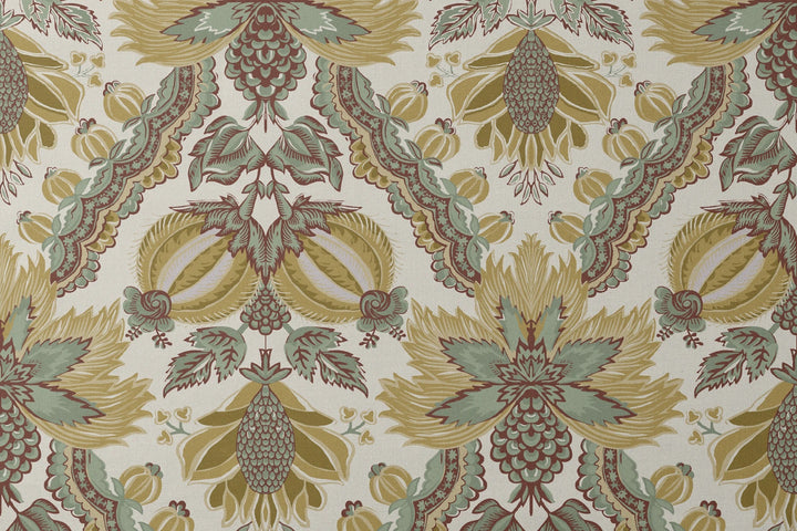 Flowering Pomegranate in linen and honey: an ogee lattice of lace borders framing a blossom held between two swelling pomegranates, translated from an 18th-century French block-printed quilt. designs flat mockup