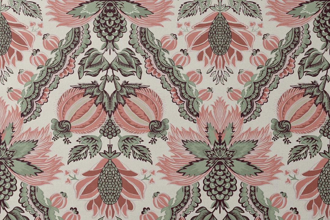 Flowering Pomegranate in linen and terracotta: an ogee lattice of lace borders framing a blossom held between two swelling pomegranates, translated from an 18th-century French block-printed quilt. designs flat mockup