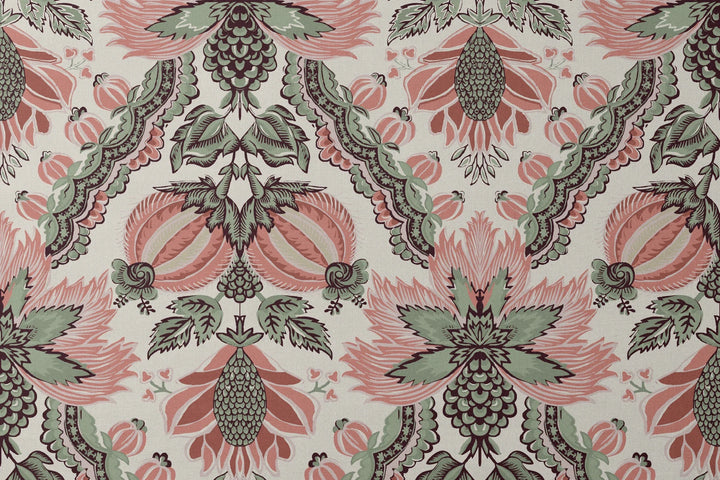 Flowering Pomegranate in linen and terracotta: an ogee lattice of lace borders framing a blossom held between two swelling pomegranates, translated from an 18th-century French block-printed quilt. designs flat mockup