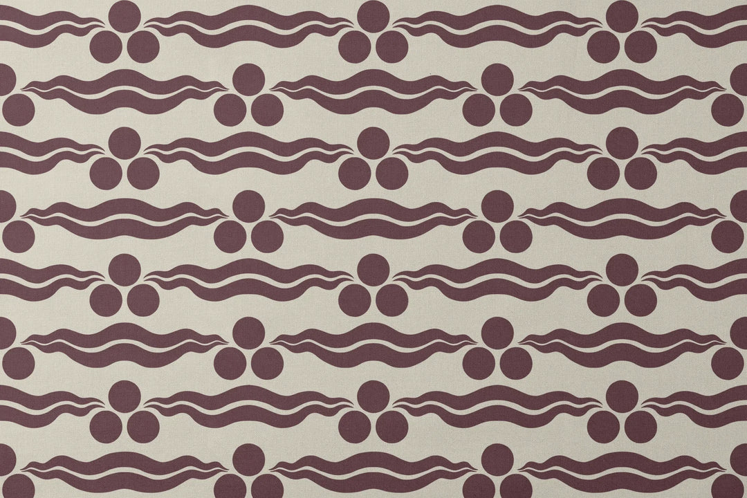 Chintamani Tiger in sandstone and blackcurrant: triple-disc chintamani roundels above paired wave bands, translated from a 15th-century Bursa silk velvet at The Metropolitan Museum of Art. designs flat mockup