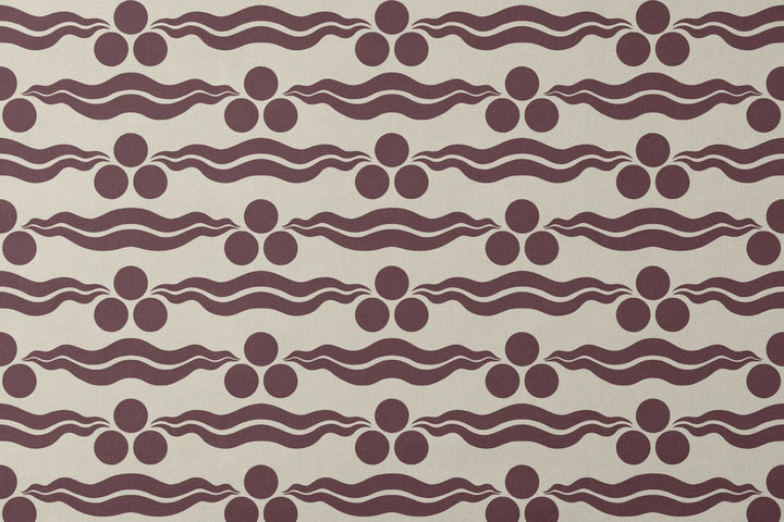 Chintamani Tiger in sandstone and blackcurrant: triple-disc chintamani roundels above paired wave bands, translated from a 15th-century Bursa silk velvet at The Metropolitan Museum of Art. designs flat mockup