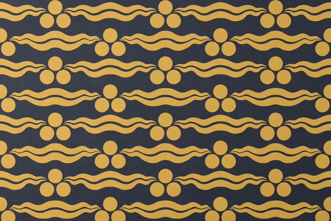 Chintamani Tiger in indigo and marigold: triple-disc chintamani roundels above paired wave bands, translated from a 15th-century Bursa silk velvet at The Metropolitan Museum of Art. designs flat mockup