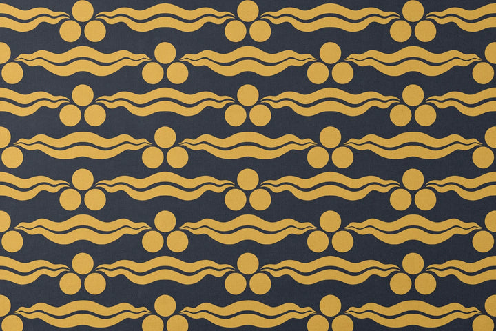 Chintamani Tiger in indigo and marigold: triple-disc chintamani roundels above paired wave bands, translated from a 15th-century Bursa silk velvet at The Metropolitan Museum of Art. designs flat mockup