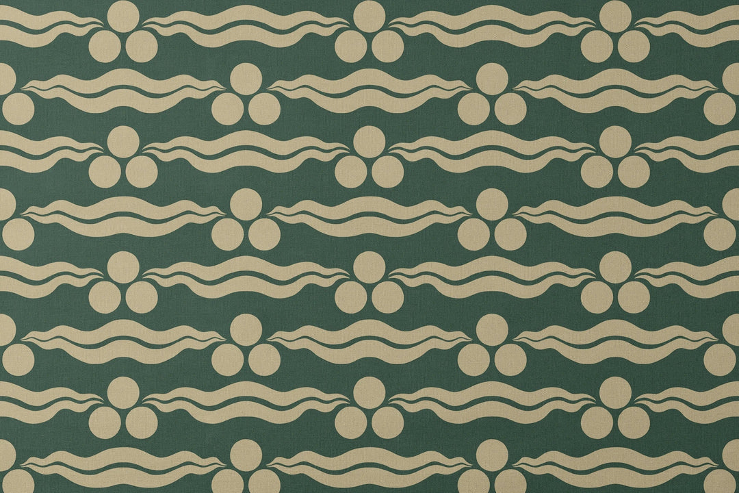 Chintamani Tiger in forest floor and flax: triple-disc chintamani roundels above paired wave bands, translated from a 15th-century Bursa silk velvet at The Metropolitan Museum of Art. designs flat mockup