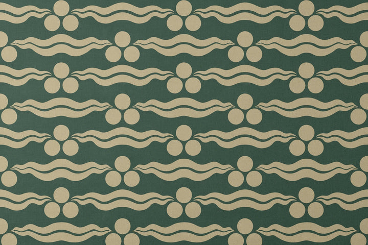 Chintamani Tiger in forest floor and flax: triple-disc chintamani roundels above paired wave bands, translated from a 15th-century Bursa silk velvet at The Metropolitan Museum of Art. designs flat mockup