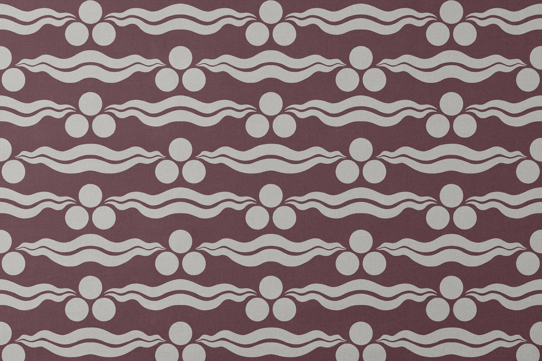 Chintamani Tiger in blackcurrant and travertine: triple-disc chintamani roundels above paired wave bands, translated from a 15th-century Bursa silk velvet at The Metropolitan Museum of Art. designs flat mockup