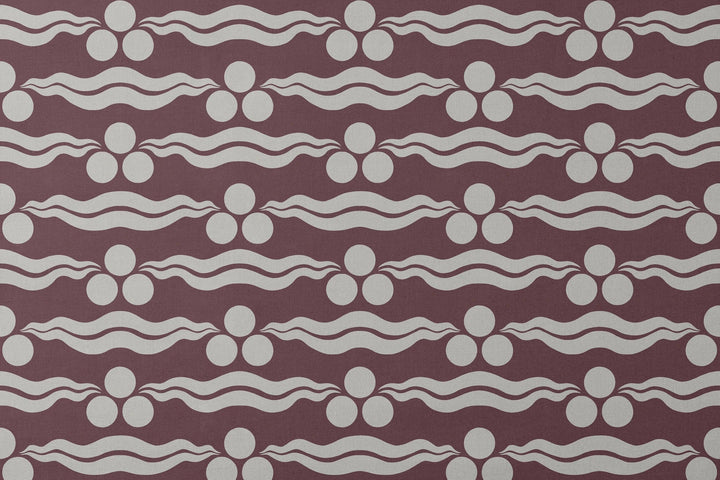 Chintamani Tiger in blackcurrant and travertine: triple-disc chintamani roundels above paired wave bands, translated from a 15th-century Bursa silk velvet at The Metropolitan Museum of Art. designs flat mockup