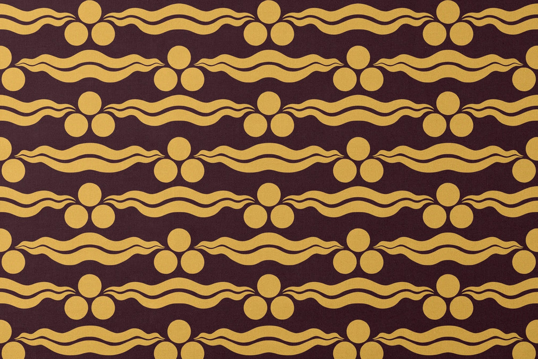 Chintamani Tiger in blackcurrant and marigold: triple-disc chintamani roundels above paired wave bands, translated from a 15th-century Bursa silk velvet at The Metropolitan Museum of Art. designs flat mockup