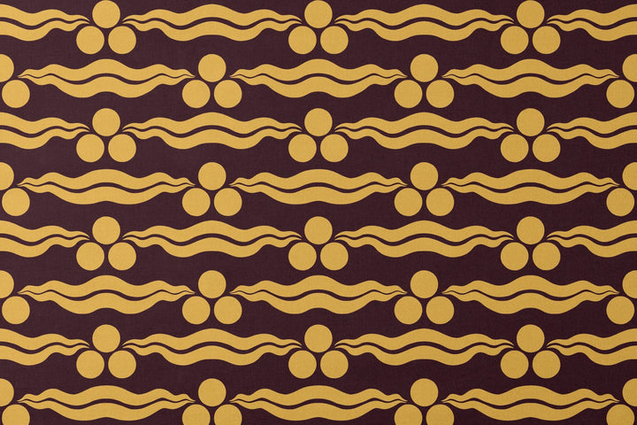 Chintamani Tiger in blackcurrant and marigold: triple-disc chintamani roundels above paired wave bands, translated from a 15th-century Bursa silk velvet at The Metropolitan Museum of Art. designs flat mockup