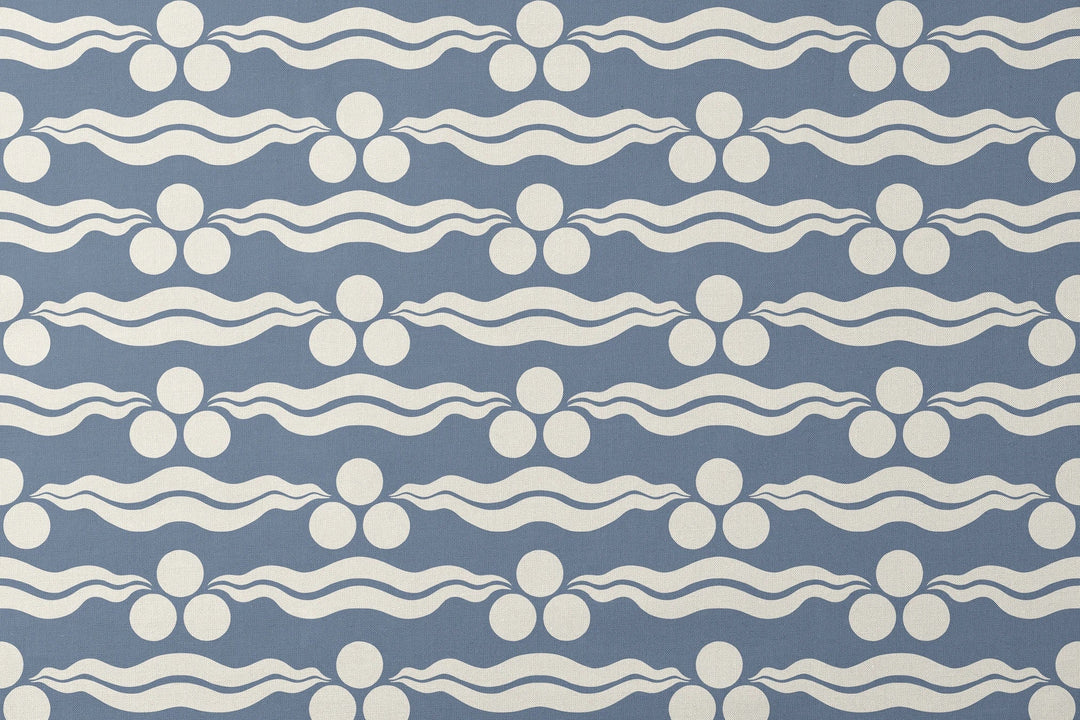 Chintamani Tiger in dusty blue and ivory: triple-disc chintamani roundels above paired wave bands, translated from a 15th-century Bursa silk velvet at The Metropolitan Museum of Art. designs flat mockup