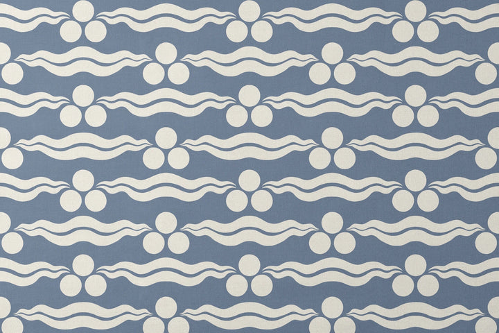 Chintamani Tiger in dusty blue and ivory: triple-disc chintamani roundels above paired wave bands, translated from a 15th-century Bursa silk velvet at The Metropolitan Museum of Art. designs flat mockup