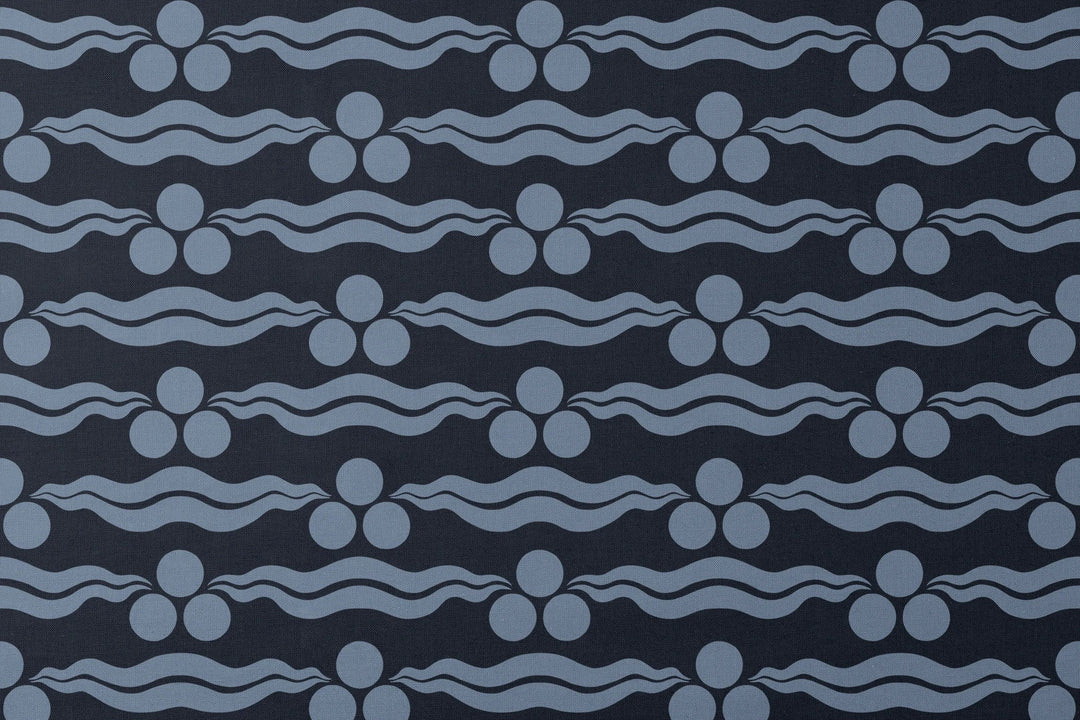 Chintamani Tiger in indigo and dusty blue: triple-disc chintamani roundels above paired wave bands, translated from a 15th-century Bursa silk velvet at The Metropolitan Museum of Art. designs flat mockup
