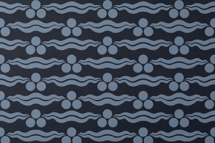 Chintamani Tiger in indigo and dusty blue: triple-disc chintamani roundels above paired wave bands, translated from a 15th-century Bursa silk velvet at The Metropolitan Museum of Art. designs flat mockup