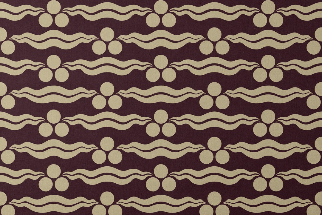 Chintamani Tiger in blackcurrant and flax: triple-disc chintamani roundels above paired wave bands, translated from a 15th-century Bursa silk velvet at The Metropolitan Museum of Art. designs flat mockup