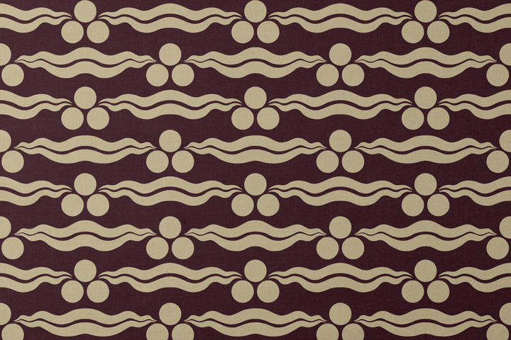 Chintamani Tiger in blackcurrant and flax: triple-disc chintamani roundels above paired wave bands, translated from a 15th-century Bursa silk velvet at The Metropolitan Museum of Art. designs flat mockup