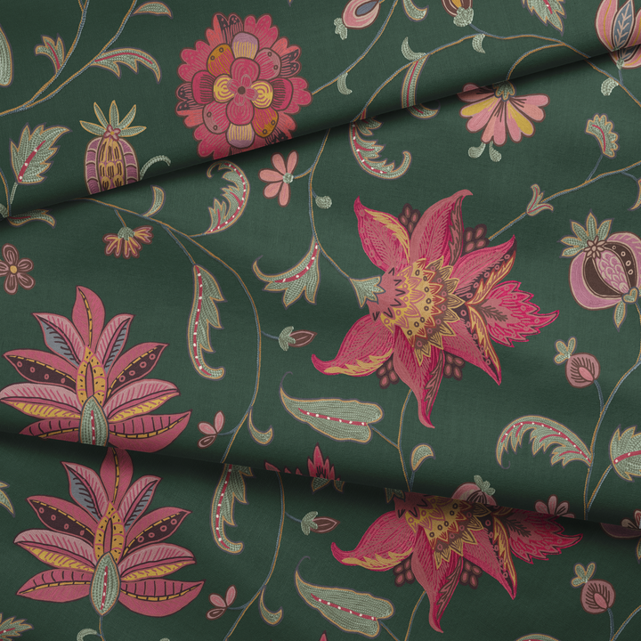 Red and gold florals on a dark green ground draped fabric fold preview.