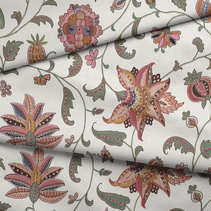 Red and navy floral vines on a white ground draped fabric fold preview.