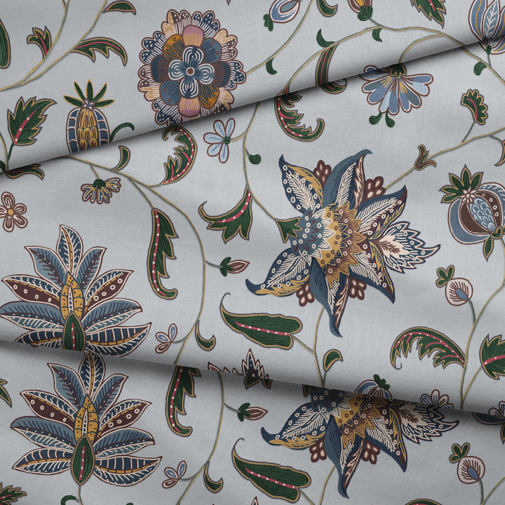 Navy floral vines on a grey ground draped fabric fold preview.