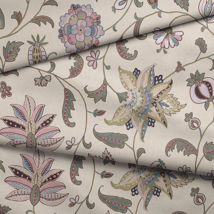 Pale pink floral vines on a grey ground draped fabric fold preview.