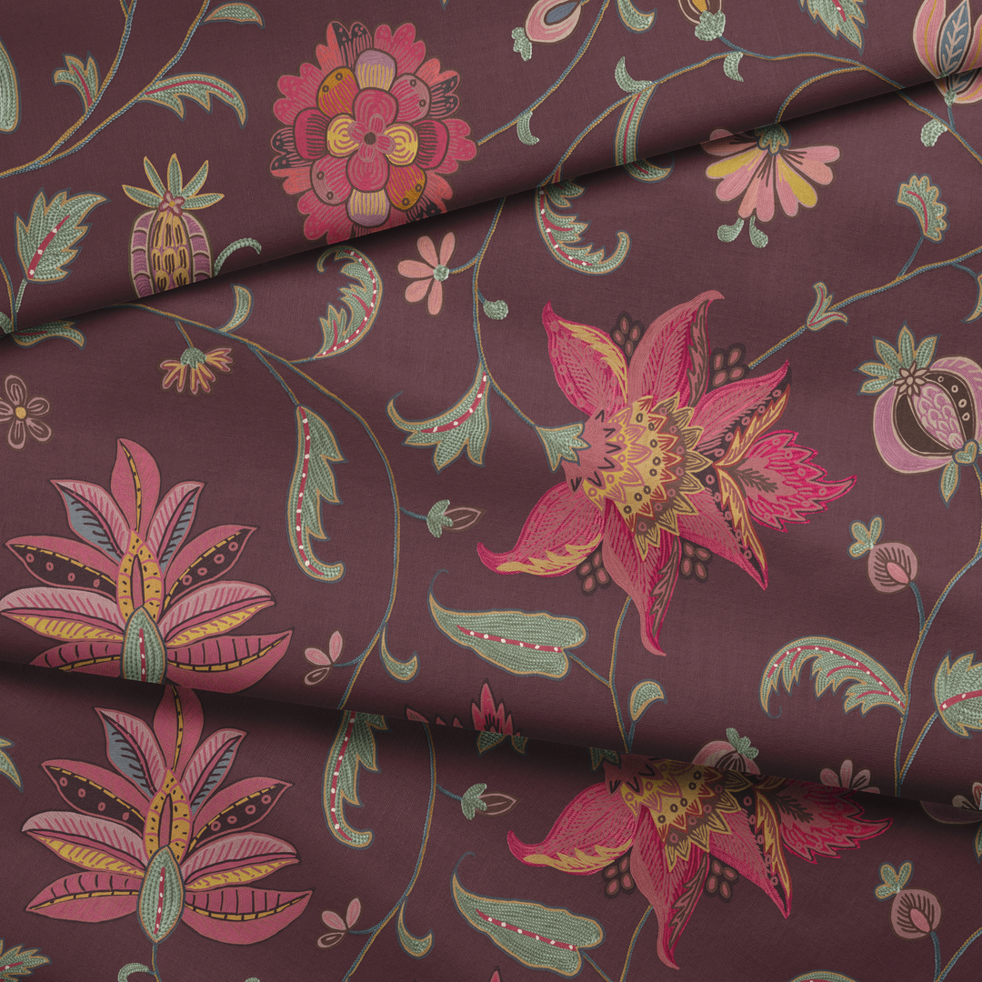 Tambour Floral, Blackcurrant / Pomegranate Fabric by the Yard