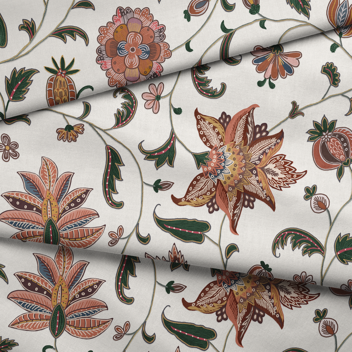 Orange and green floral vines on a white ground draped fabric fold preview.