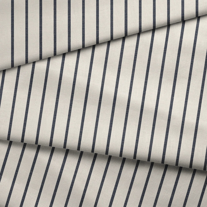 Navy woven-texture pencil stripe on a white ground: draped fabric fold preview.