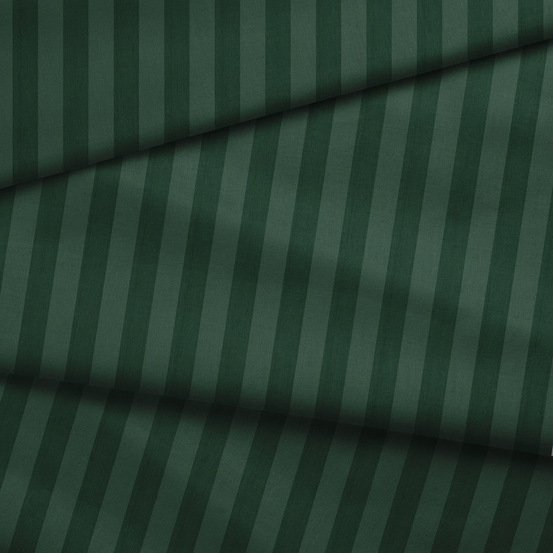 Deep green 19th century equal-width stripe, darker bands striated: draped fabric fold preview.