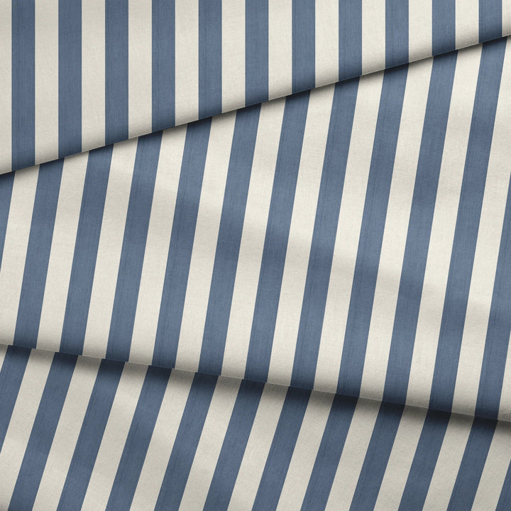 Greyed blue and ivory 19th century equal-width stripe, blue striated: draped fabric fold preview.