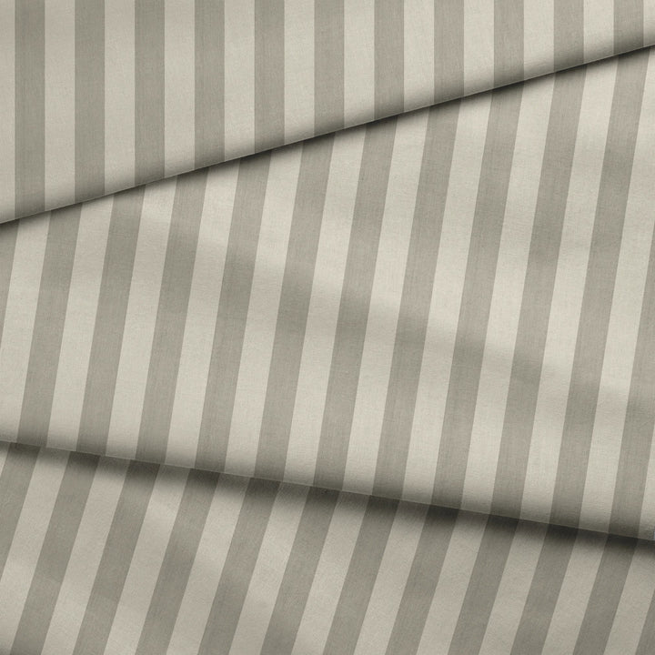 Warm greige 19th century equal-width stripe, deeper bands striated: draped fabric fold preview.