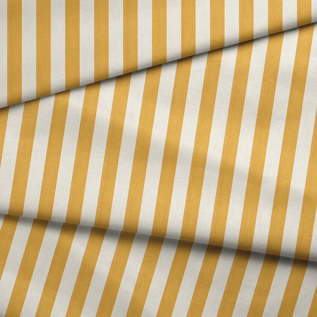 Marigold and ivory 19th century equal-width stripe, yellow striated: draped fabric fold preview.