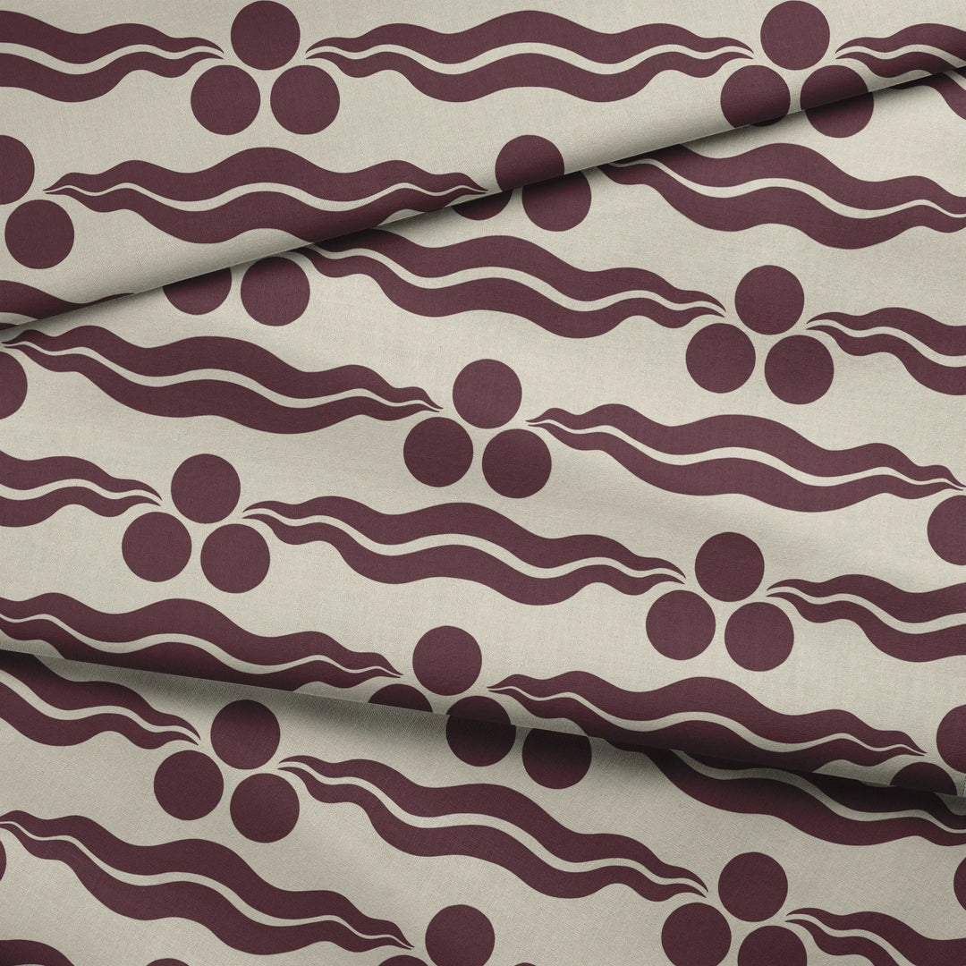 Chintamani Tiger in sandstone and blackcurrant: triple-disc chintamani roundels above paired wave bands, translated from a 15th-century Bursa silk velvet at The Metropolitan Museum of Art. fabric fold mockup