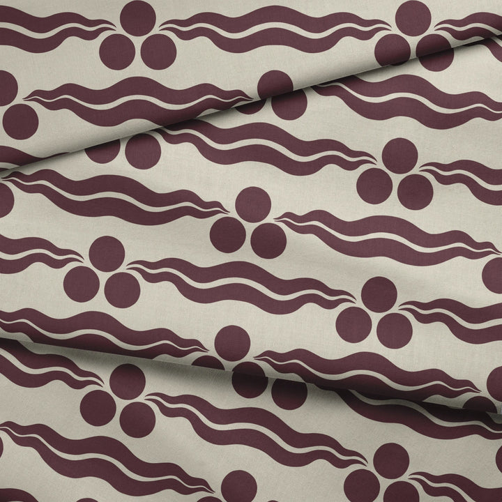 Chintamani Tiger in sandstone and blackcurrant: triple-disc chintamani roundels above paired wave bands, translated from a 15th-century Bursa silk velvet at The Metropolitan Museum of Art. fabric fold mockup