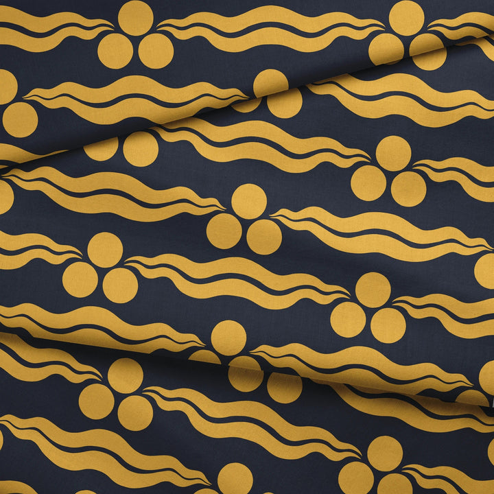 Chintamani Tiger in indigo and marigold: triple-disc chintamani roundels above paired wave bands, translated from a 15th-century Bursa silk velvet at The Metropolitan Museum of Art. fabric fold mockup