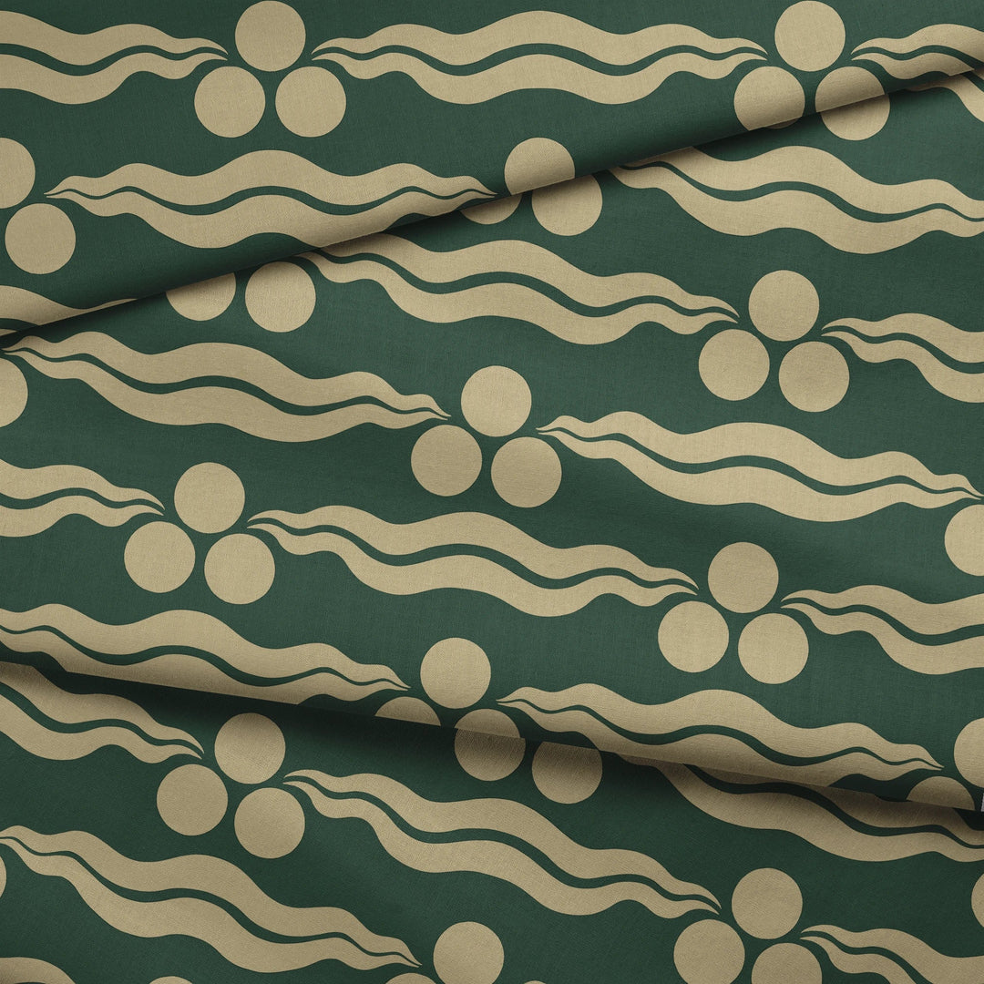 Chintamani Tiger in forest floor and flax: triple-disc chintamani roundels above paired wave bands, translated from a 15th-century Bursa silk velvet at The Metropolitan Museum of Art. fabric fold mockup