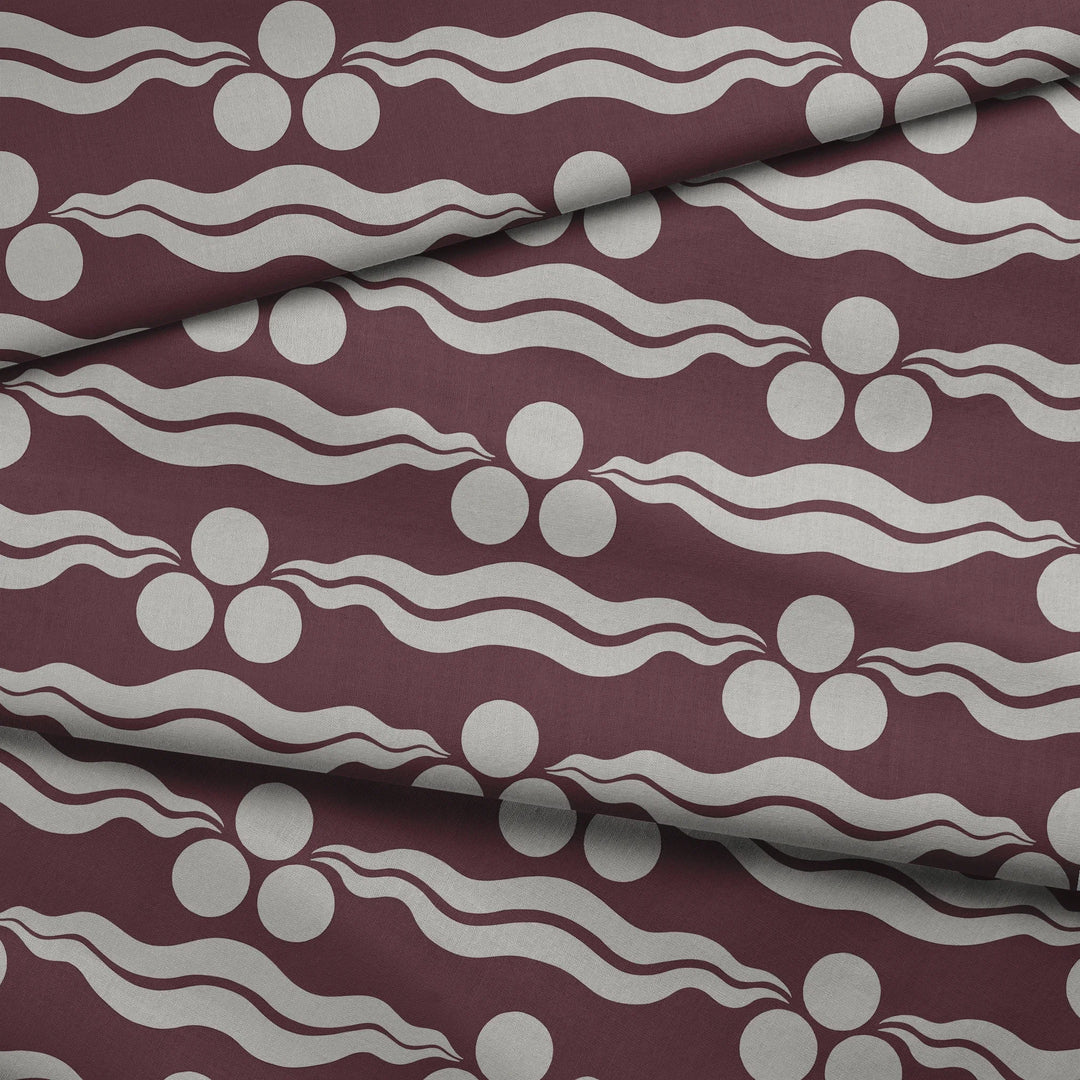 Chintamani Tiger in blackcurrant and travertine: triple-disc chintamani roundels above paired wave bands, translated from a 15th-century Bursa silk velvet at The Metropolitan Museum of Art. fabric fold mockup