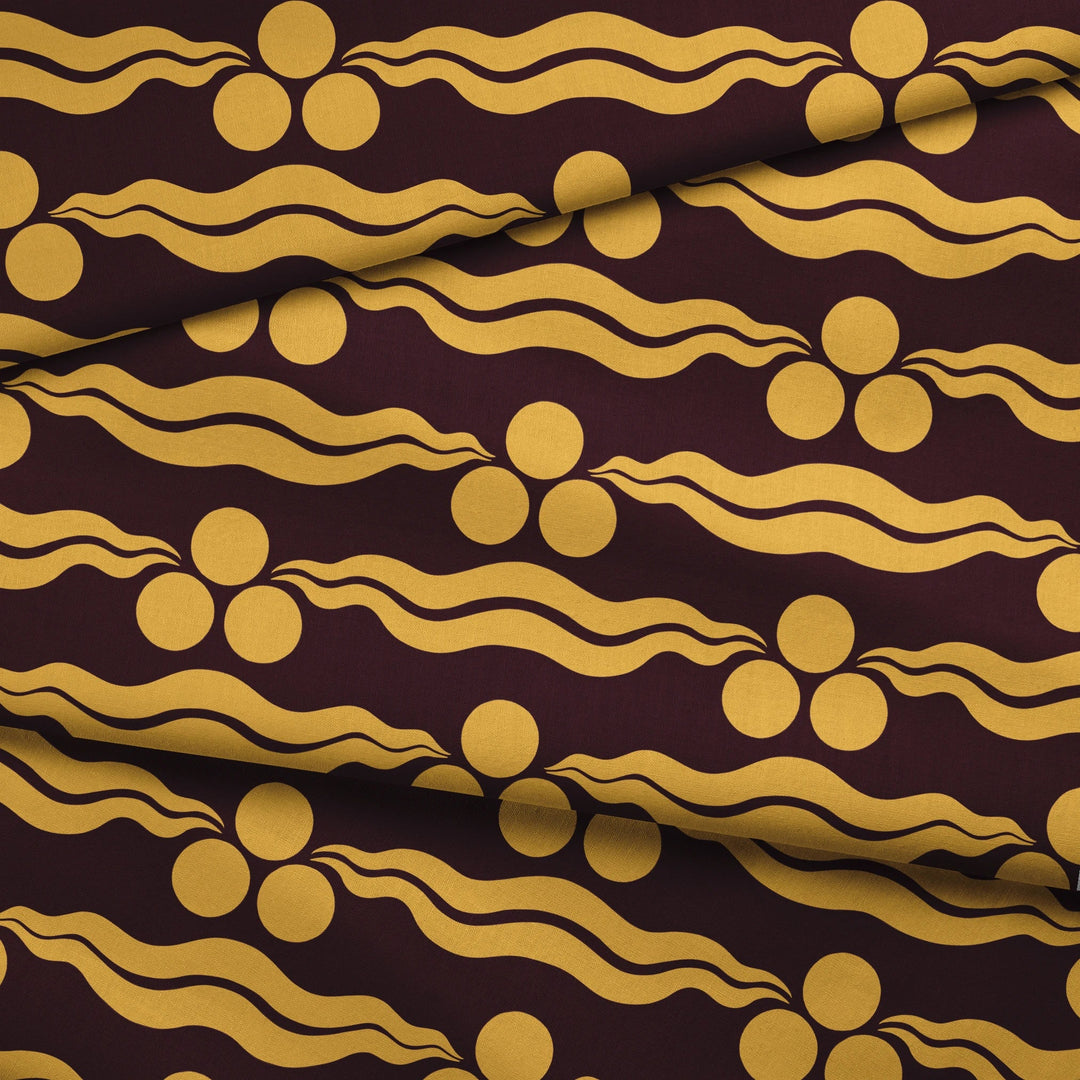 Chintamani Tiger in blackcurrant and marigold: triple-disc chintamani roundels above paired wave bands, translated from a 15th-century Bursa silk velvet at The Metropolitan Museum of Art. fabric fold mockup