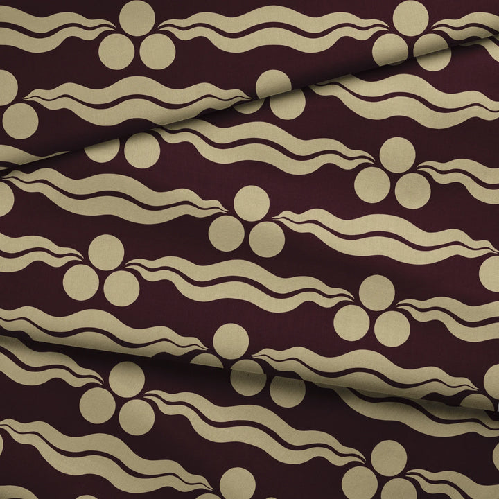 Chintamani Tiger in blackcurrant and flax: triple-disc chintamani roundels above paired wave bands, translated from a 15th-century Bursa silk velvet at The Metropolitan Museum of Art. fabric fold mockup