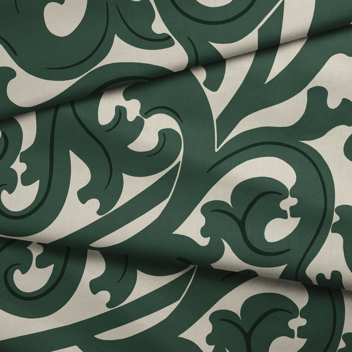 Large green acanthus scroll motif on a beige ground: draped fabric fold preview.
