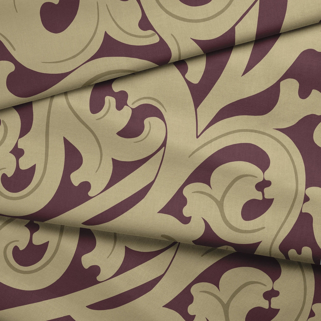 Large gold acanthus scroll motif on a red ground: draped fabric fold preview.