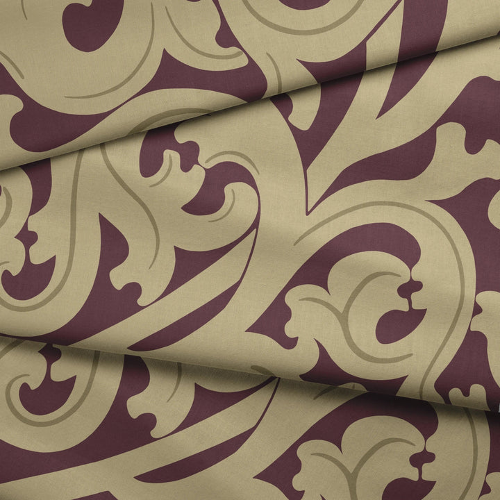 Large gold acanthus scroll motif on a red ground: draped fabric fold preview.