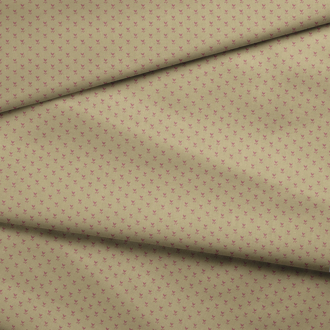 Dusty red Second Empire tulip silhouette on a warm tan ground: draped fabric fold preview.