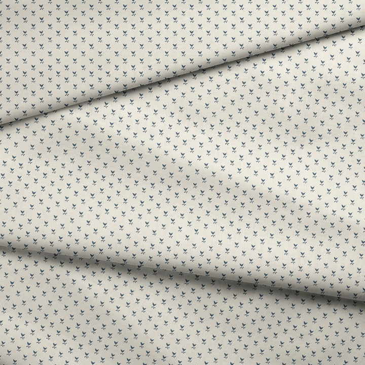 Blue-grey Second Empire tulip silhouette on a warm ivory ground: draped fabric fold preview.