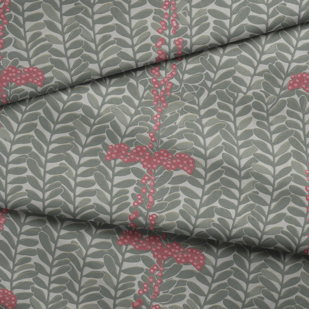 Grey-green 1918 leaf sprays with red berries on a grey ground: draped fabric fold preview.