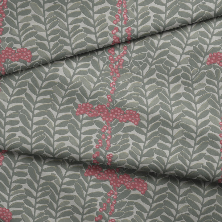 Grey-green 1918 leaf sprays with red berries on a grey ground: draped fabric fold preview.