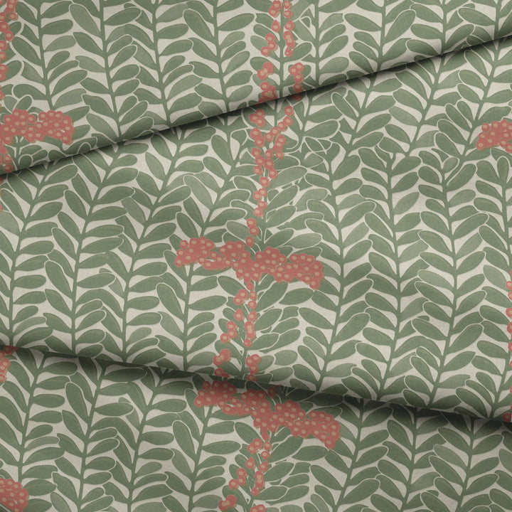 Muted green 1918 leaf sprays with red berries on a beige ground: draped fabric fold preview.