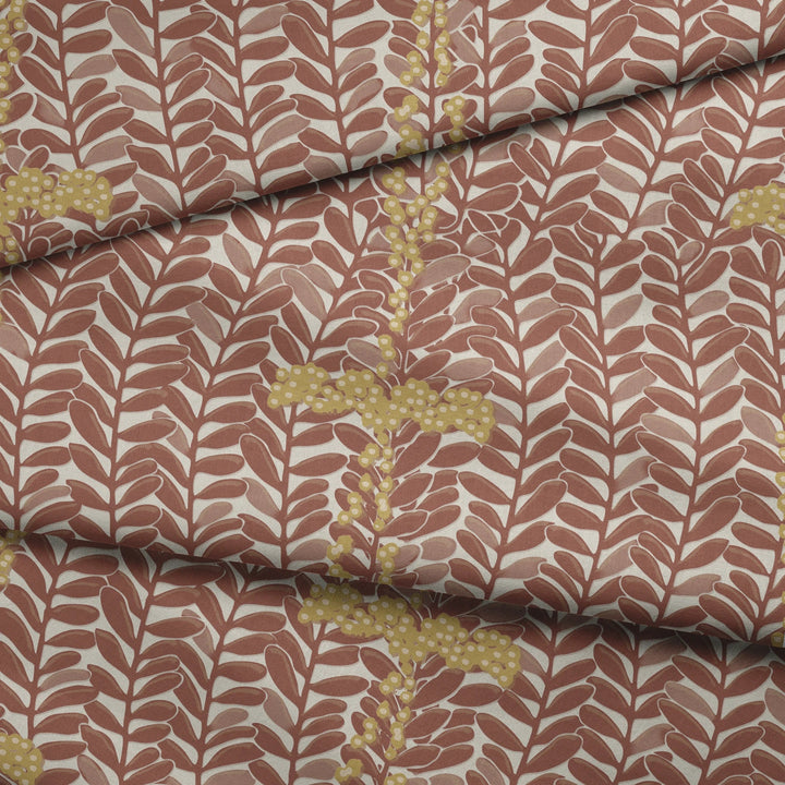 Brown 1918 leaf sprays with gold berries on a beige ground: draped fabric fold preview.